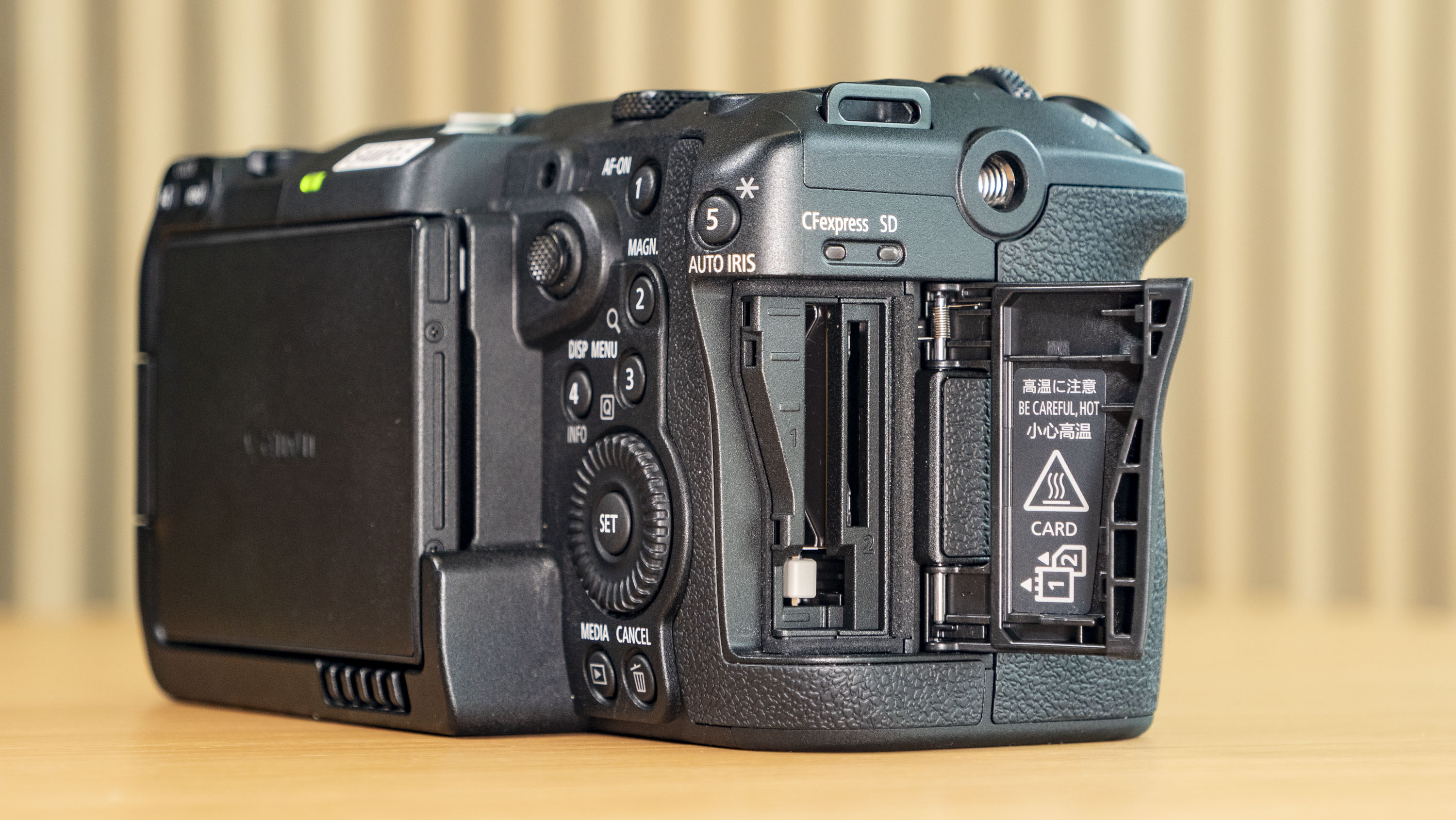 Close up of the Canon EOS C50's memory card door