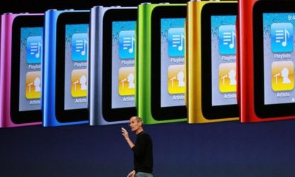 Apple CEO Steve Jobs announces a new touch screen version of the iPod Nano as he speaks during an Apple Special Event.