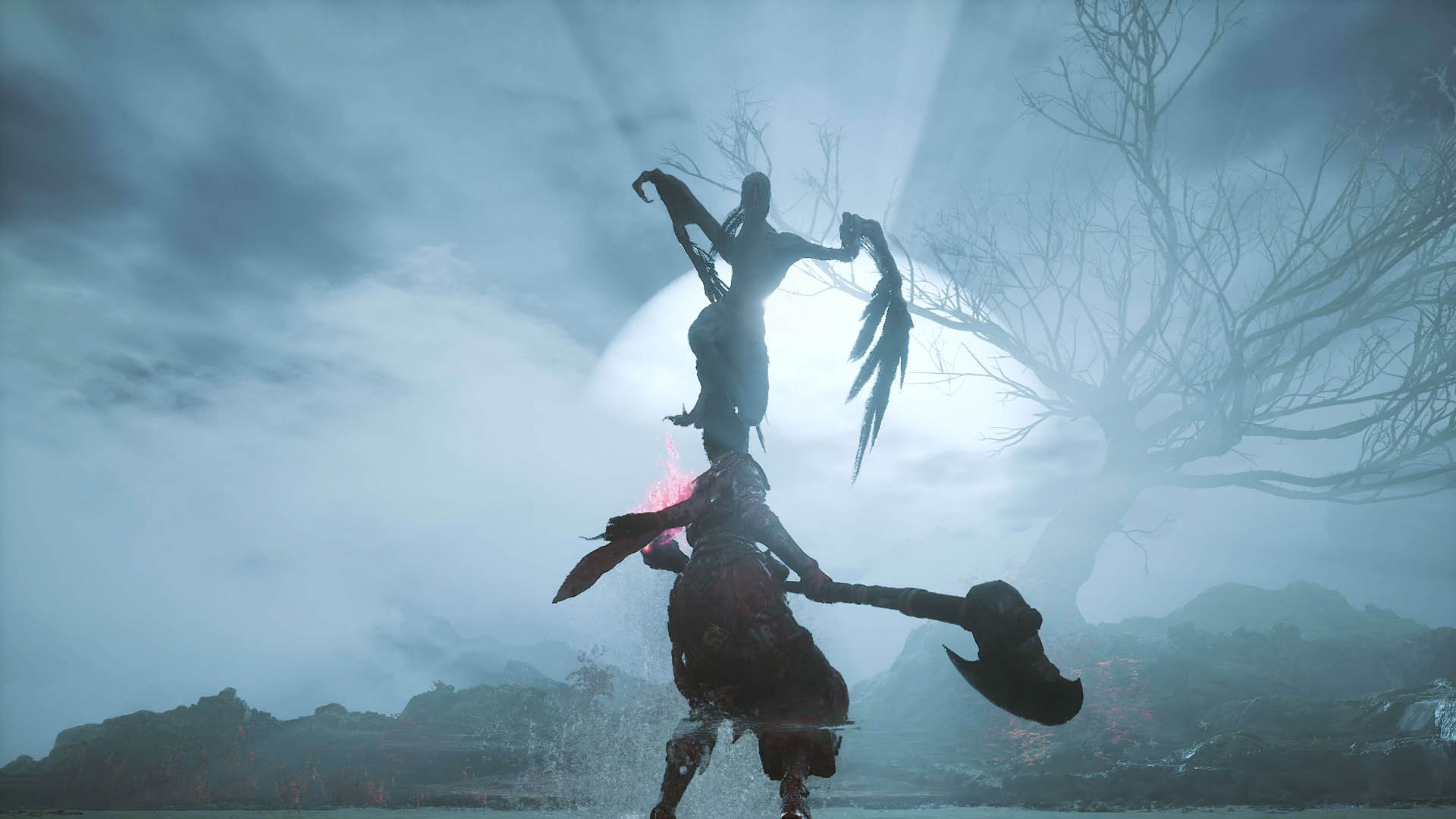An enemy leaps at Wuchang in front of the moon in Wuchang: Fallen Feathers