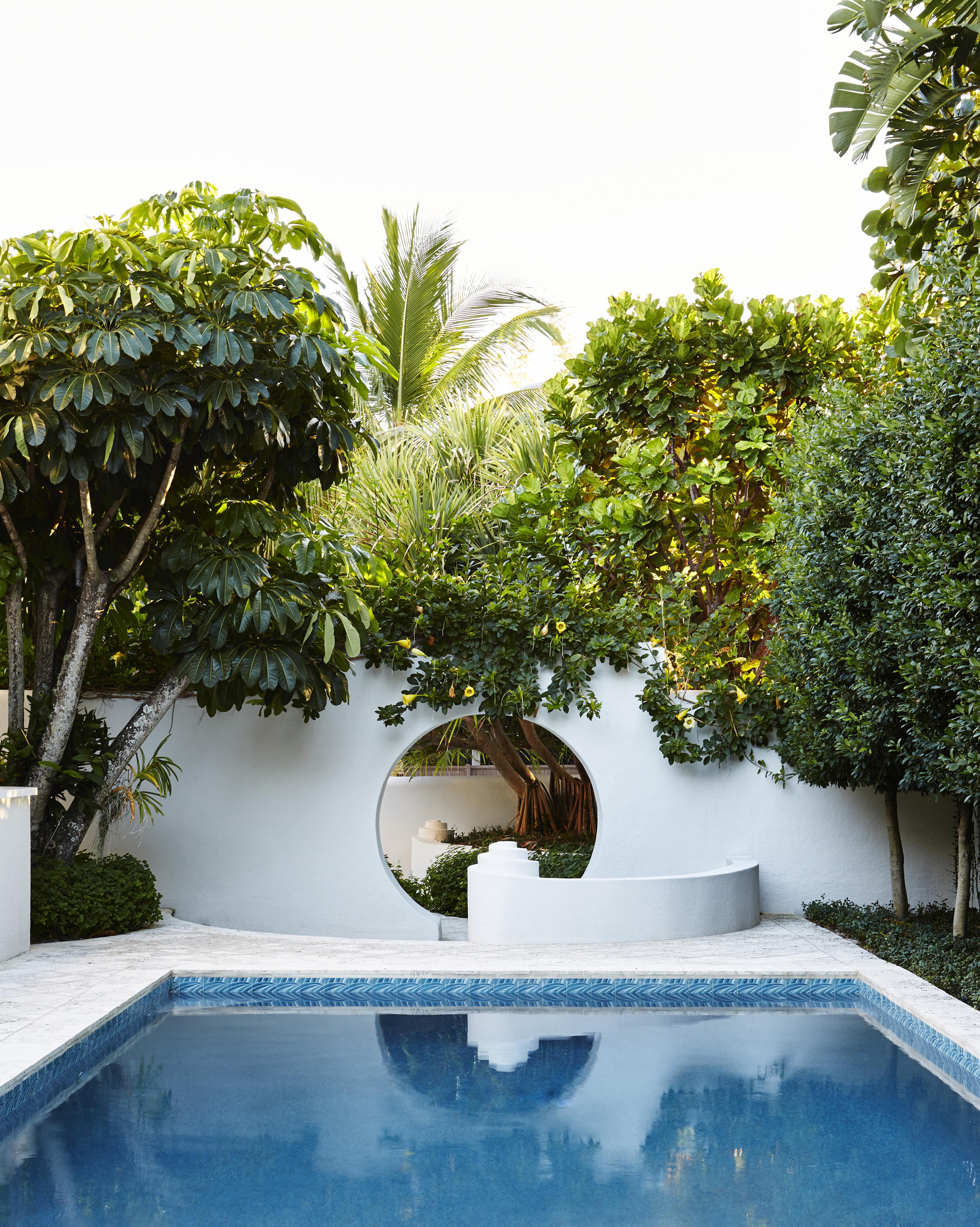 pool landscaping ideas: pool surrounded by white rendered wall and trees