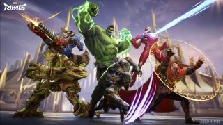 A key art pose in Marvel Rivals showing Groot, Rocket Raccoon, Hulk, Black Panther, Iron Man, and Doctor Strange