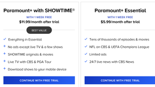 The price for the Paramount+ Essential and with Showtime plans and what they include.