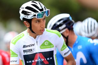 VELEFIQUE SPAIN AUGUST 22 LR Egan Arley Bernal Gomez of Colombia white best young jersey and Pavel Sivakov of Russia and Team INEOS Grenadiers polka dot mountain jersey prepare for the race prior to the 76th Tour of Spain 2021 Stage 9 a 188 km stage from Puerto Lumbreras to Alto de Velefique 1800m lavuelta LaVuelta21 on August 22 2021 in Velefique Spain Photo by Stuart FranklinGetty Images