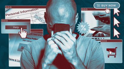 Photo collage of an anguished man with a smartphone, with a background of privacy policies, terms and conditions, and online advertising and virtual shopping carts.