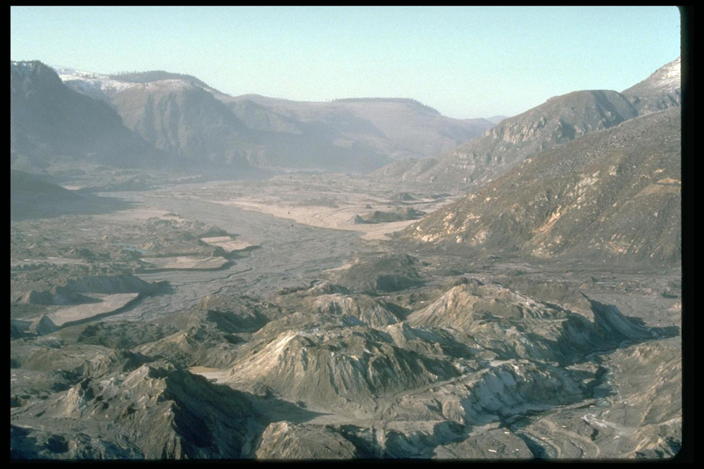Bumpy topography left behind by flank failure and landslide.