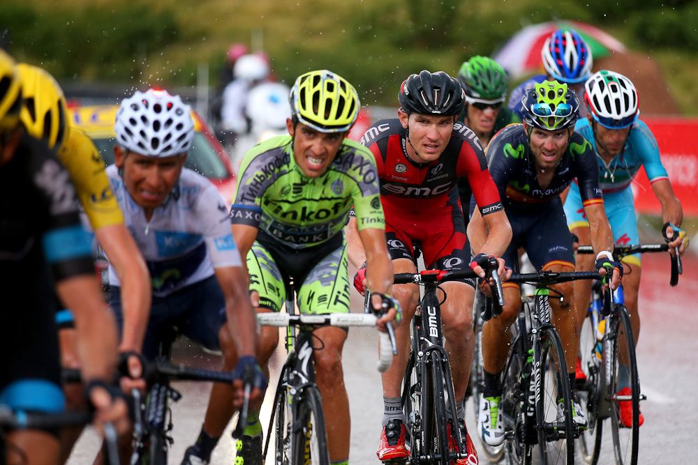 The GC contenders line up on the final climb of stage 12.
