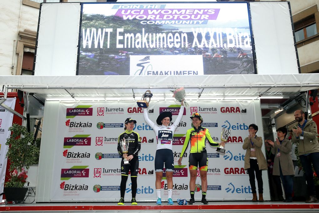 Elisa Longo Borghini on the final podium at Emakumeen Bira