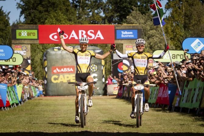 Christoph Sauser and Burry Stander winning the 2012 Cape Epic