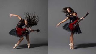 A ballet dancer performing with a Gibson SG guitar