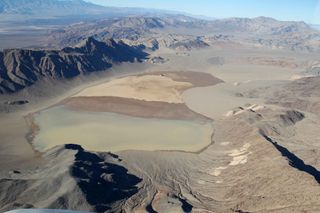 An aerial view of Racetrack Playa on Dec. 26, 2013. The pond in the southern third of the playa is a couple inches (a few cm) deep.