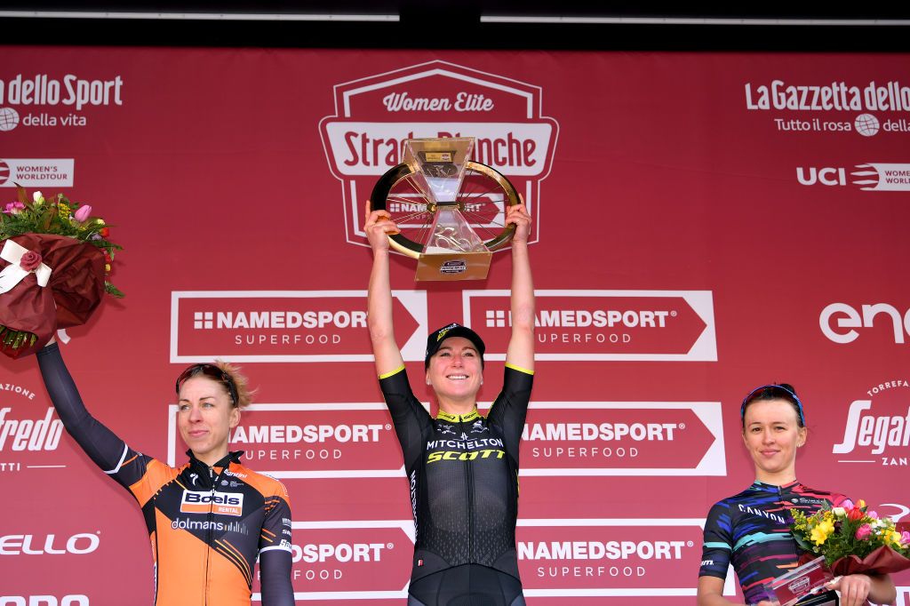 SIENA ITALY MARCH 09 Podium Annika Langvad of Denmark and Boels Dolmans Cyclingteam Annemiek van Vleuten of The Netherlands and Team Mitchelton Scott Katarzyna Niewiadoma of Poland and Team CanyonSRAM Celebration Trophy during the 5th Strade Bianche 2019 Women a 136km race from Siena to Siena Piazza del Campo StradeBianche Eroica on March 09 2019 in Siena Italy Photo by Luc ClaessenGetty Images