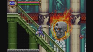 Castlevania Aria of Sorrow screenshot showing a giant flaming skull enemy advancing in the player