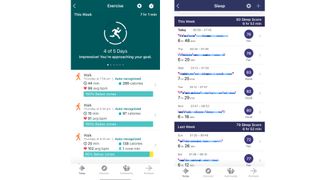 A display of sleep and exercise tracking from the Fitbit app, compatible with the Fitbit Charge 4