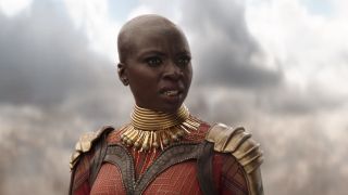 Okoye looking shocked after Wanda's entrance during Infinity War's Battle of Wakanda