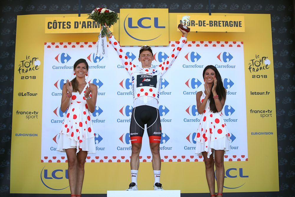 Toms Skujins in polka dots after stage 6 at the Tour de France