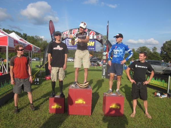 Men's podium at the Shenandoah Mountain 100: Sam Koerber 4th, Evan Plews 3rd, Jeremiah Bishop 1st, Christian Tanguy 2nd, and Aaron Snyder 5th