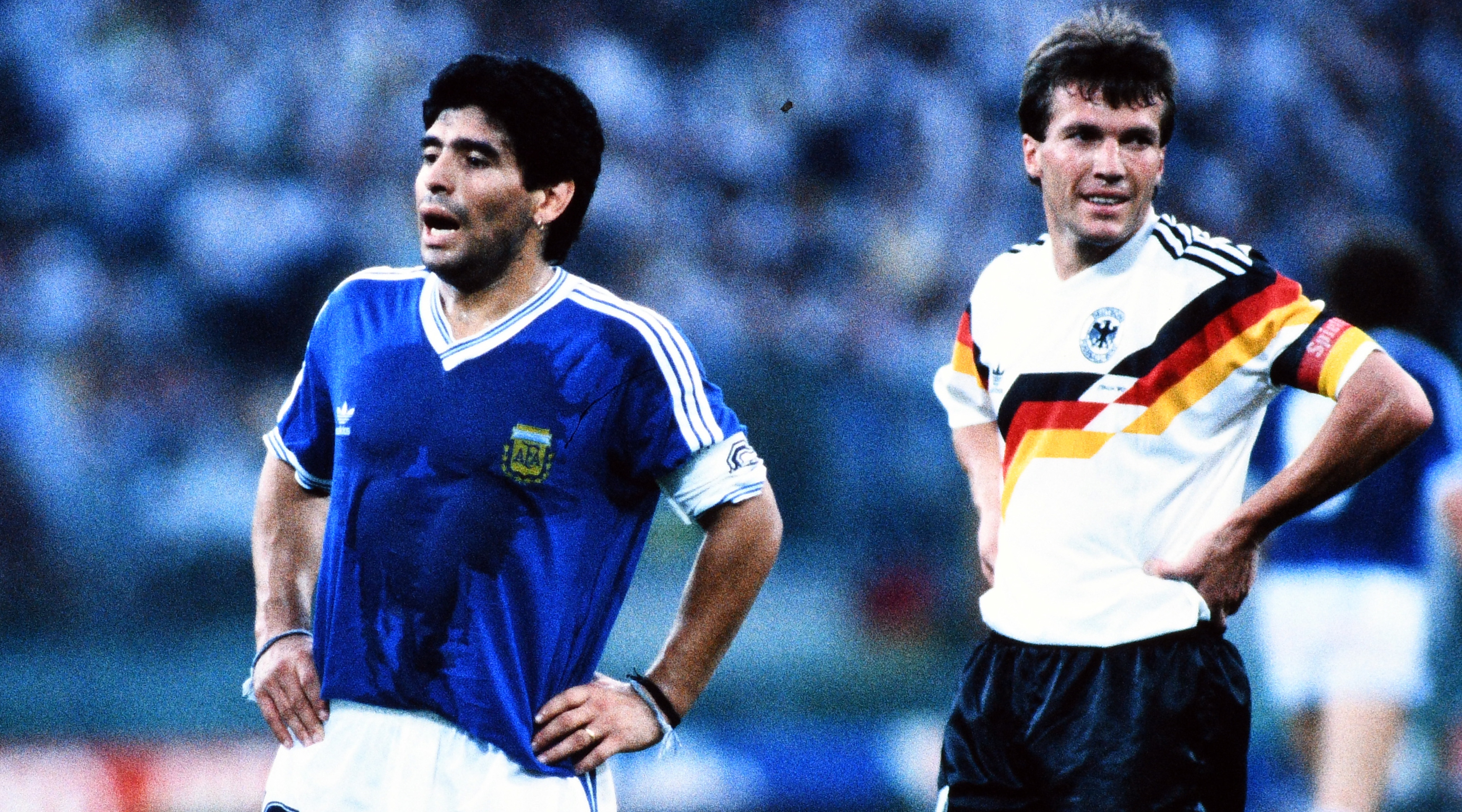 Diego Maradona of Argentina and Lothar Matthaus of West Germany during the 1990 FIFA World Cup Final between West Germany and Argentina at the Stadio Olimpico in Rome, Italy