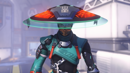 Overwatch Mizuki: Key art of Mizuki looking directly ahead from under his large kasa hat.