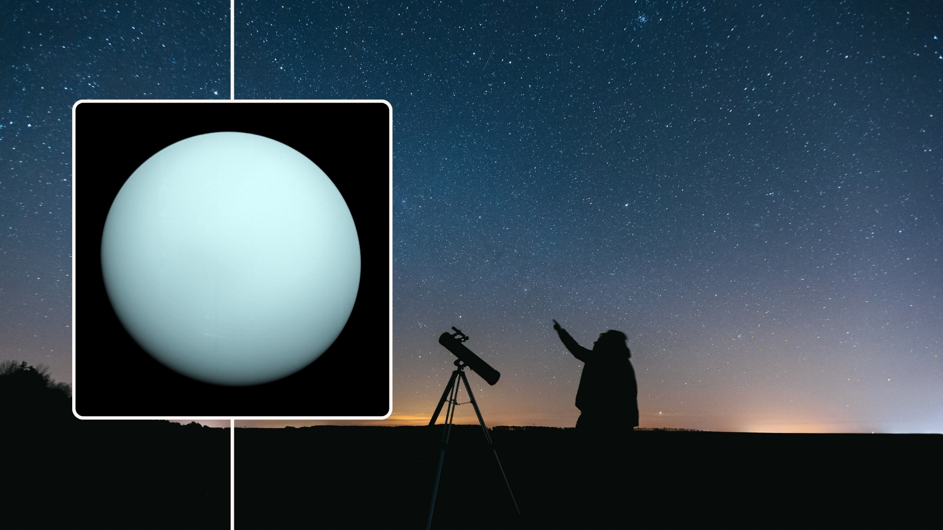 inset image of Uranus up close in the background is a person with a telescope pointing up at the sky.