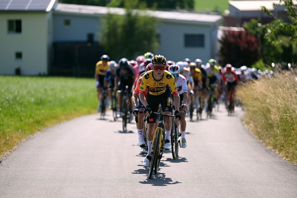 NOTTWIL SWITZERLAND JUNE 12 Sam Oomen of The Netherlands and Team JumboVisma leads the peloton during the 86th Tour de Suisse 2023 Stage 2 a 1737km stage from Beromnster to Nottwil UCIWT on June 12 2023 in Nottwil Switzerland Photo by Dario BelingheriGetty Images