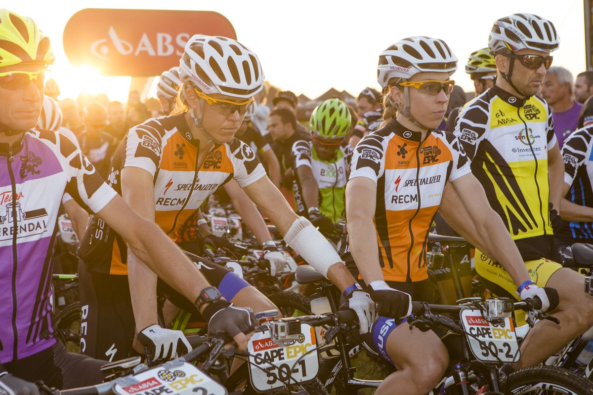 Ariane Kleinhans and Annika Langvad look focussed at the starting line of stage 4 of the 2015 Absa Cape Epic