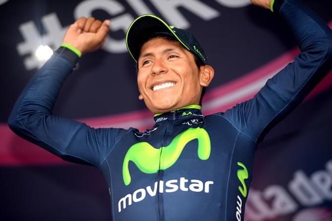 Nairo Quintana (Movistar) all smiles on the podium following stage 19's mountain time trial