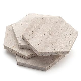 Marble Coasters for Drinks Hexagon Travertine Stone Coaster Set of 4 for Coffee Table Office Desk