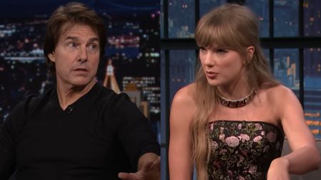 In side by side images, Tom Cruise wears a black shirt on The Tonight Show Starring Jimmy Fallon, and Taylor Swift wears a black dress with pink flowers on Late Night with Seth Meyers.