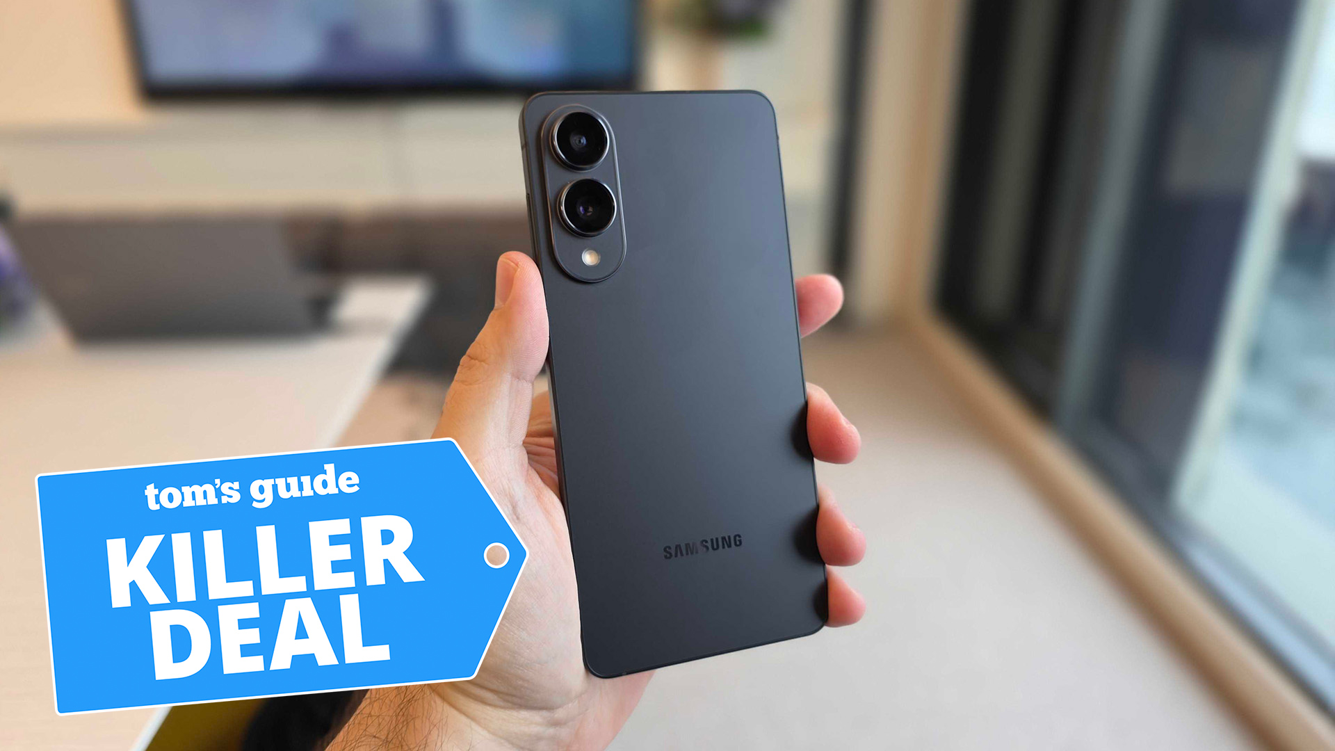 In-hand image of Samsung Galaxy S25 Edge in Titanium Jetblack with 'Killer Deal' badge overlaid