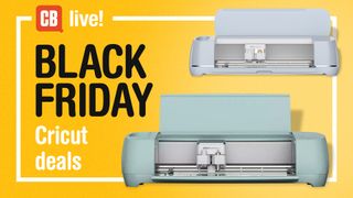 Cricut Black Friday promo image for a deals live blog with images of Cricut craft machines on a yellow background