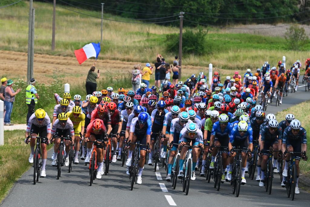 VILLENEUVESURLOT FRANCE JULY 11 Tadej Pogacar of Slovenia and UAE Team Emirates Yellow Leader Jersey Marc Soler of Spain and UAE Team Emirates Laurens De Plus of Belgium and Team INEOS Grenadiers Krists Neilands of Latvia Jakob Fuglsang of Denmark and Team Israel Premier Tech Jack Haig of Australia and Team Bahrain Victorious Oier Lazkano of Spain and Movistar Team and Bart Lemmen of Netherlands and Team Visma Lease a Bike lead the peloton during the 111th Tour de France 2024 Stage 12 a 2036km stage from Aurillac to VilleneuvesurLot UCIWT on July 11 2024 in VilleneuvesurLot France Photo by Dario BelingheriGetty Images