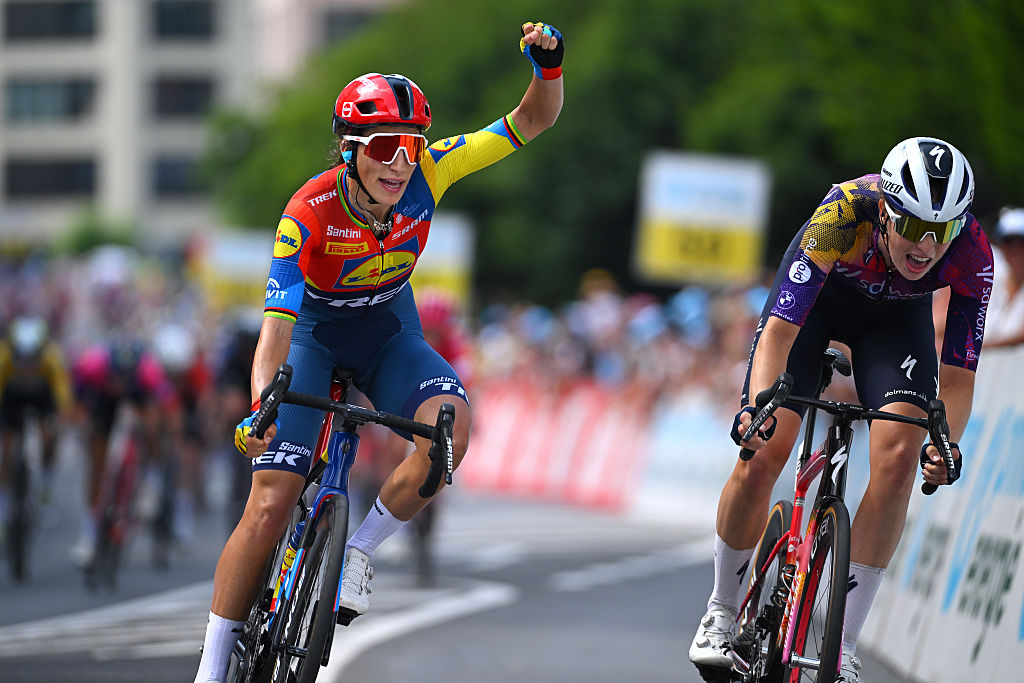 KUSSNACHT, SWITZERLAND - JUNE 14: (L-R) Elisa Balsamo of Italy and Team Lidl - Trek celebrates at finish line as stage winner ahead of Mischa Bredewold of Netherlands and Team SD Worx - Protime during the 5th Tour de Suisse Women 2025, Stage 3 a 123.1km stage from Oberkirch to Kussnacht / #UCIWWT / on June 14, 2025 in Kussnacht, Switzerland. (Photo by Tim de Waele/Getty Images)