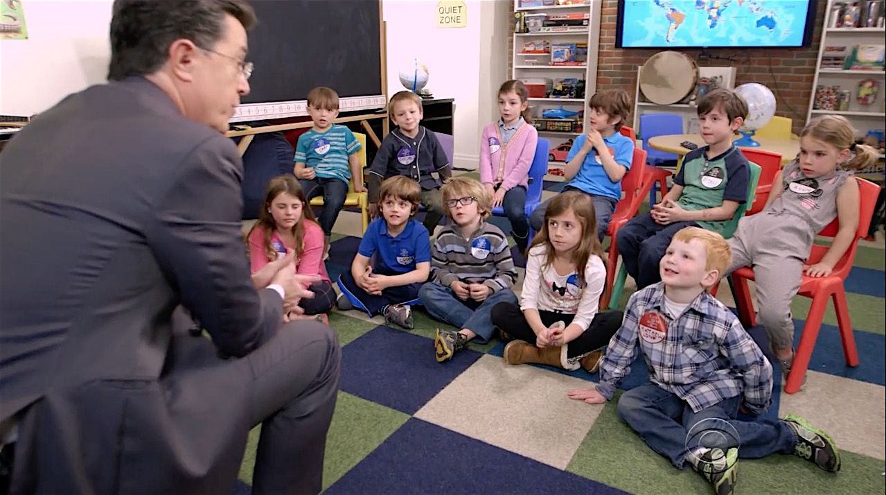 Stephen Colbert talks with first-graders about the presidential race