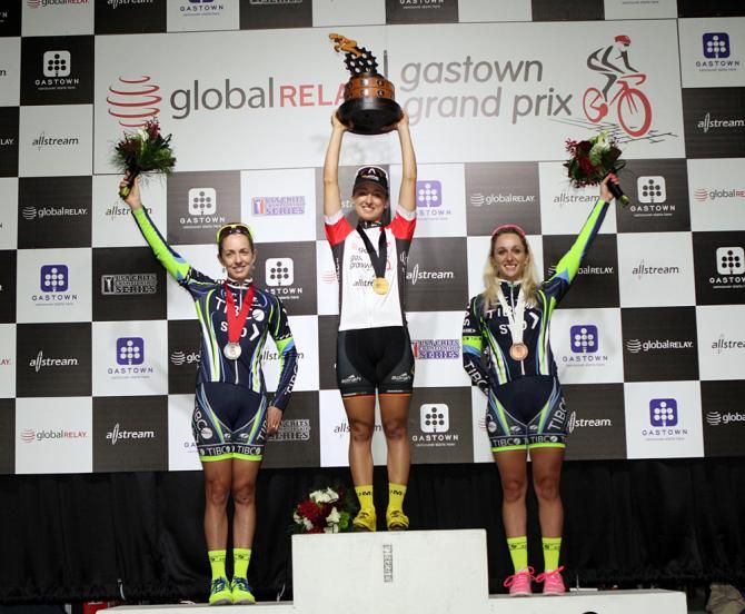 The Gastown GP podium: Jo Kiesanowski, Leah Kirchmann and Sam Schneider