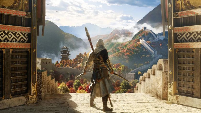 Key art for Assassins Creed codename jade featuring Xia standing between open golden gates overlooking the Great Wall of China