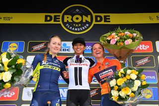 Gracie Elvin, Coryn Rivera and Chantal Blaak on the Tour of Flanders podium