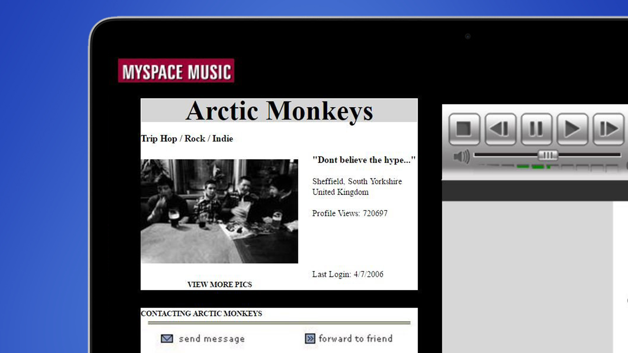 A laptop screen showing the MySpace page for Arctic Monkeys