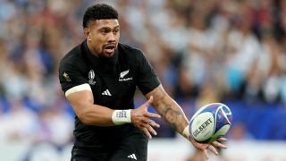 Ardie Savea of New Zealand passes the ball during the Rugby World Cup France 2023 ahead of the Ruby Championship 2024 match between New Zealand and Argentina