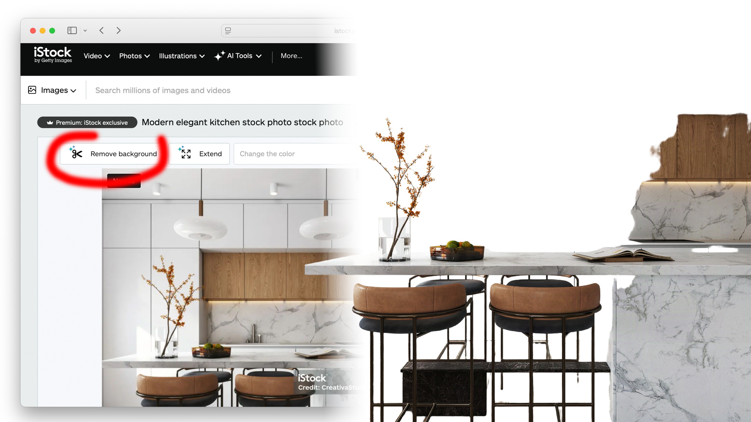 AI remove background feature on iStock site highlighted to the left, then badly done AI background cut out shown to the right