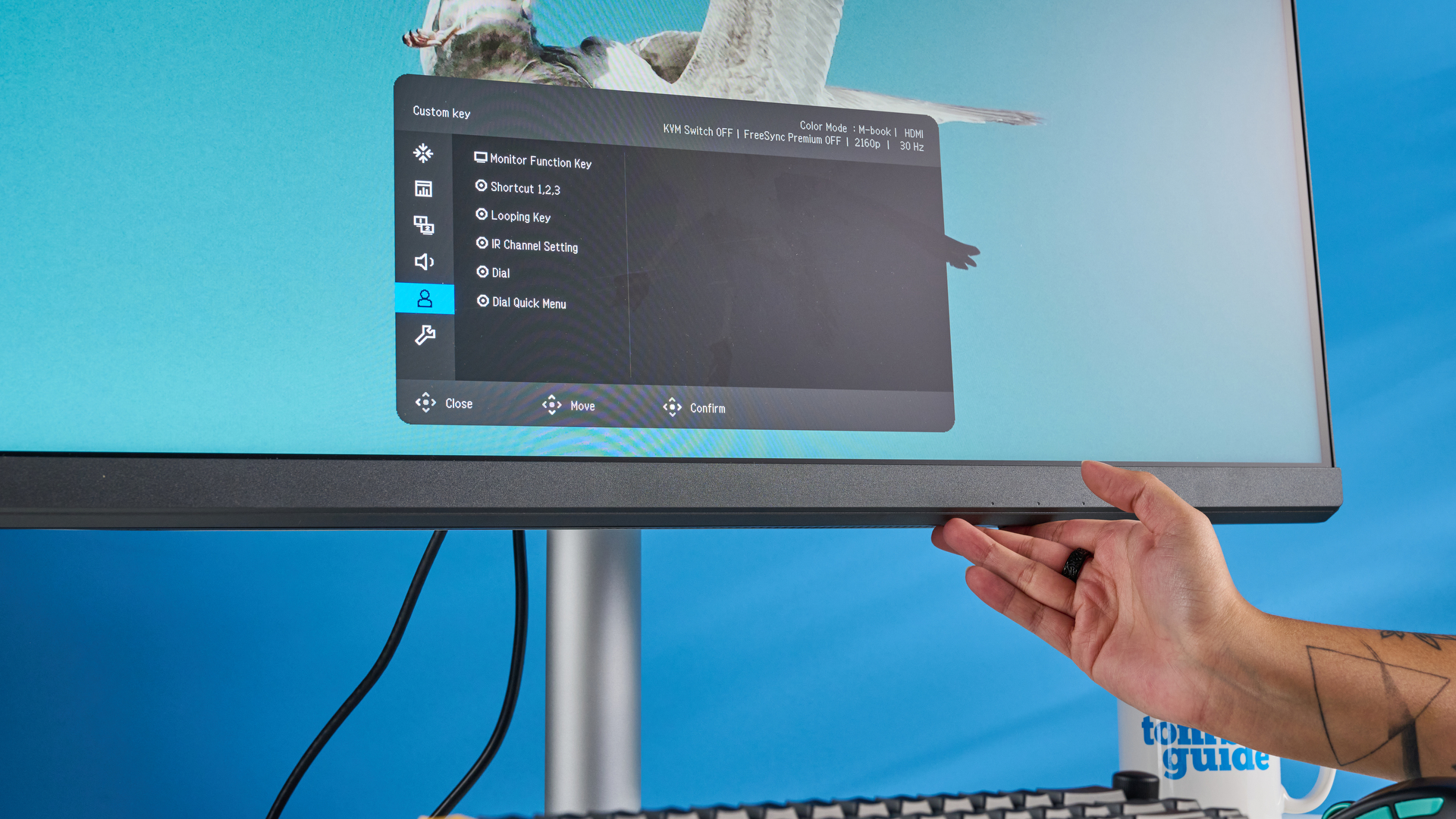 A photo of the BenQ PD3226G monitor in a blue-walled studio