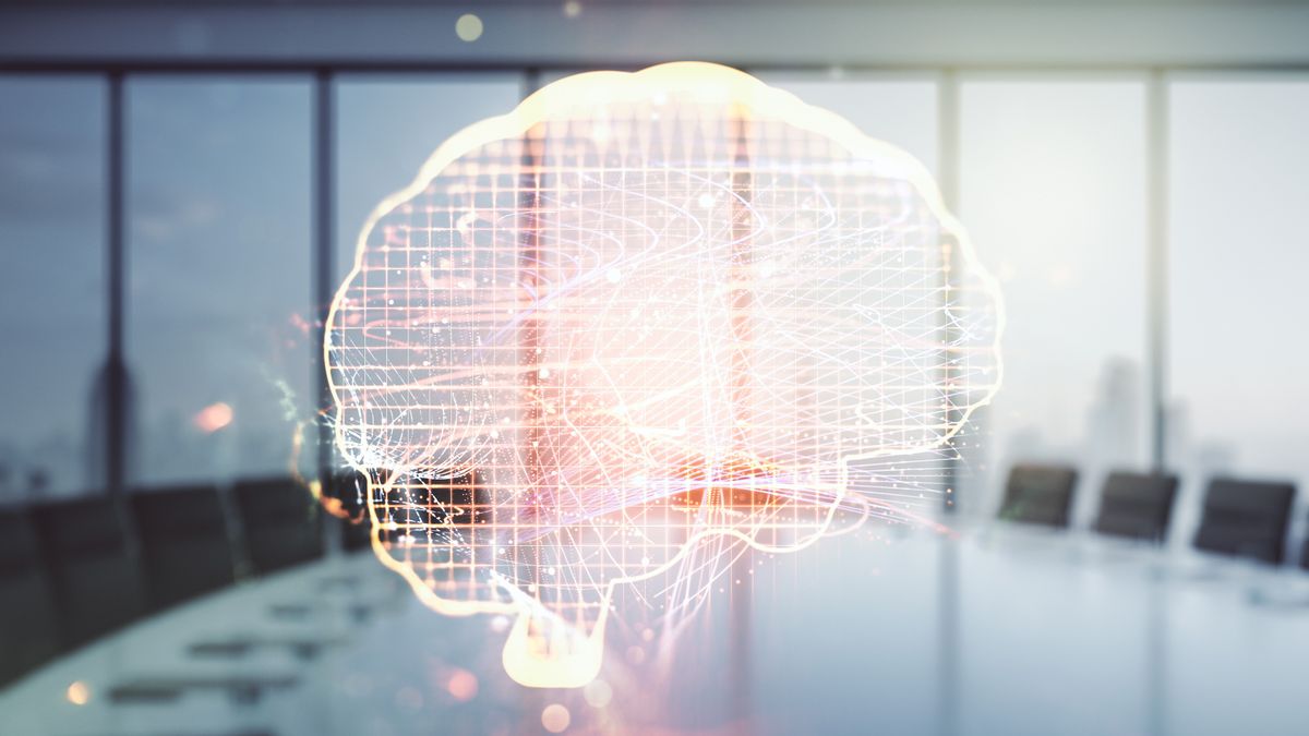 CISO AI story illustrated by a digital image of a brain, representing AI, floating above a boardroom table. The brain is formed of glowing orange lines representing data points and connections.