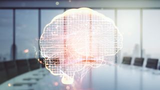 The digital image of a brain, representing AI, floating above a boardroom table. The brain is formed of glowing orange lines representing data points and connections.