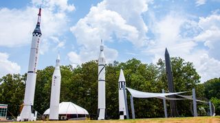 Rocket Row, part of the U.S. Space & Rocket Center's Rocket Park in Huntsville, Alabama is standing again after six years.