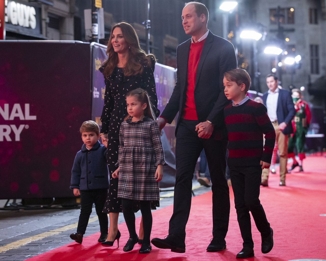 Prince William, Duke of Cambridge and Catherine, Duchess of Cambridge with their children, Prince Louis, Princess Charlotte and Prince George, attend a special pantomime performance at London&#039;s Palladium Theatre