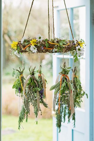 Hanging display of dried flowers