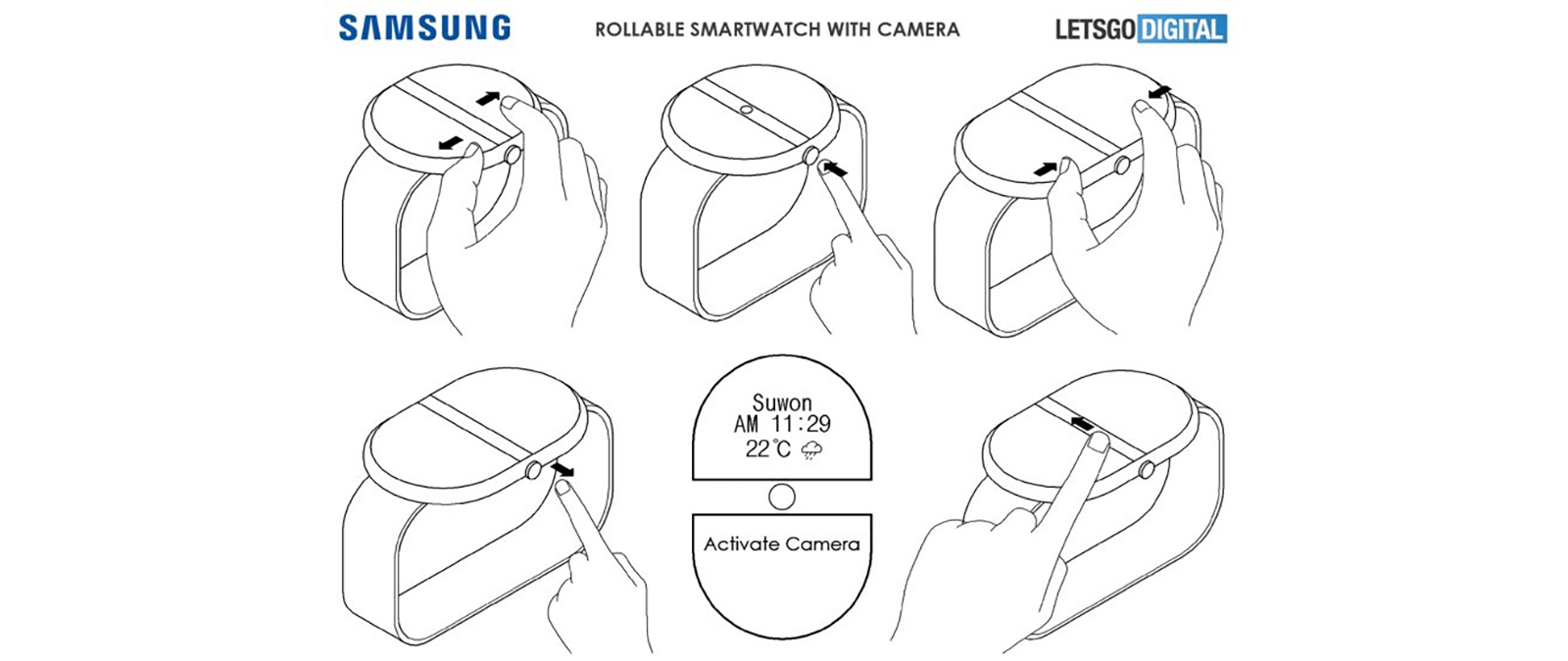 Paten jam tangan pintar Samsung yang menunjukkan jam tangan dengan tampilan yang memanjang.