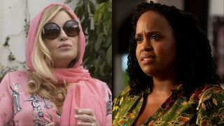 Jennifer Coolidge in pink headscarf and sunglasses as Tanya and Natasha Rothwell with a questioning face as Belinda in White Lotus