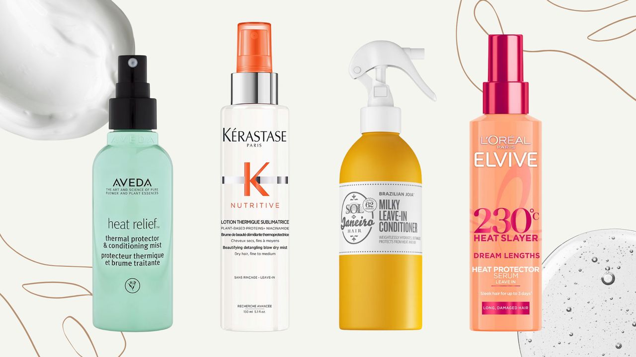 Collage of four of the best heat protection sprays from Aveda, Kerastase, Sol de Janeiro and L'Oreal Elvive, set against an off white background with two single line details and two product texture pools