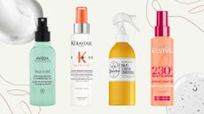Collage of four of the best heat protection sprays from Aveda, Kerastase, Sol de Janeiro and L'Oreal Elvive, set against an off white background with two single line details and two product texture pools