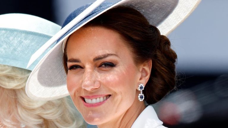 a close up of Kate Middleton wearing a hat at the Jubilee